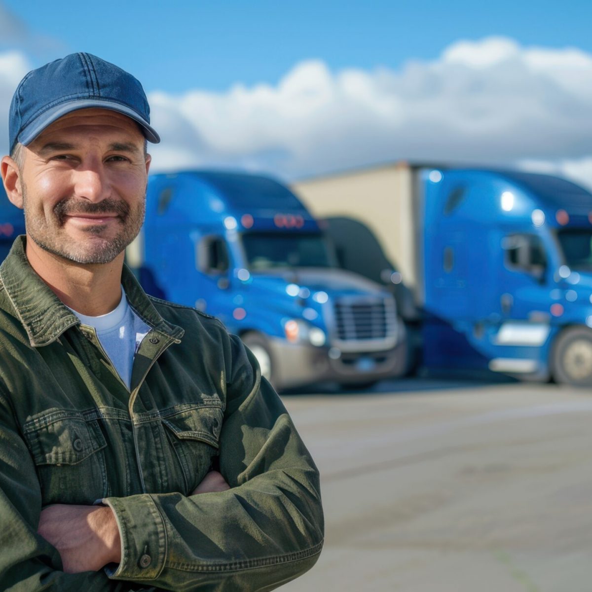 Confident truck driver standing in front of blue semi-trucks.